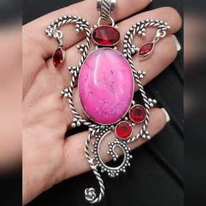 New Oversized Dyed Dendritic Opal & Garnet 925 Silver Pendant.